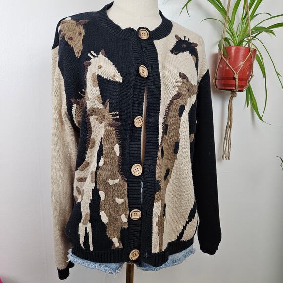 Vintage Giraffe Knit Cardigan Sweater M Black Brown Tan Christopher & Banks - Picture 3 of 9